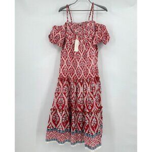 Ash & Eden Red Fenya Midi Dress sz M Medium Cotton Tiered Made in India NWT